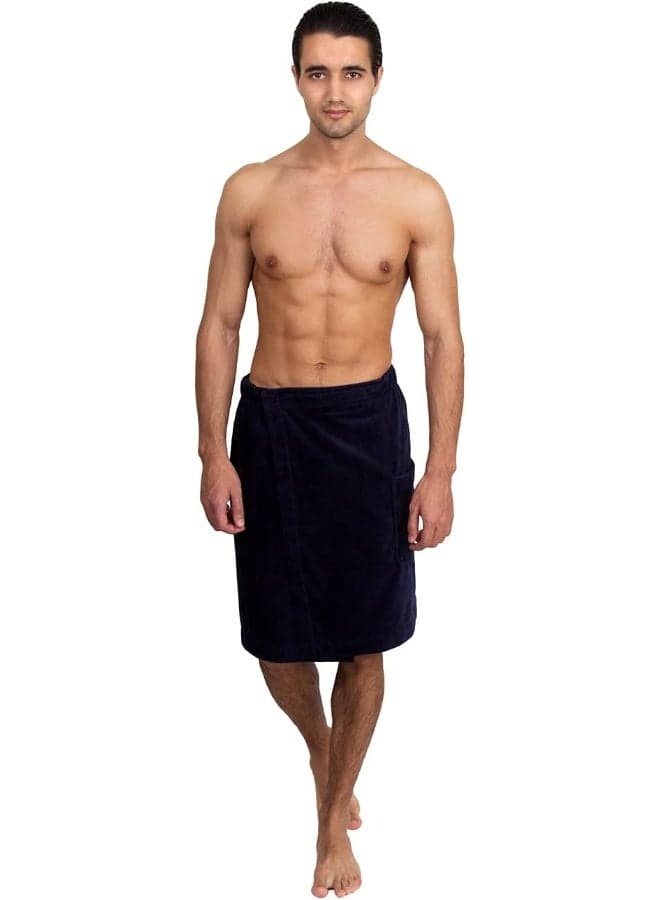 TowelSelections Mens Shower Wrap Adjustable Cotton Terry Velour Wrap Gym Body Cover Up Small/Medium Navy