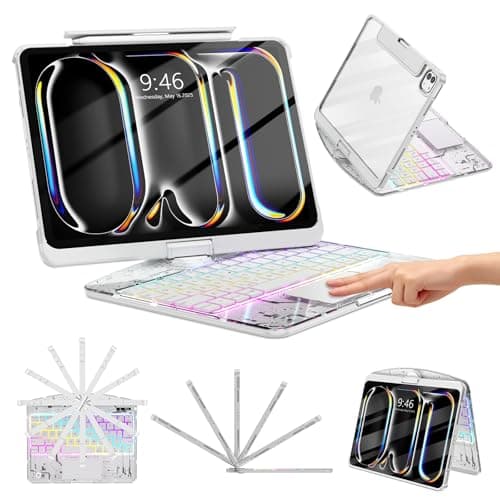 TSQQST Clear Wireless Keyboard Case for iPad Pro 11 Inch (M5/M4) 2025/2024 with Pencil Holder & Multi-Touch Trackpad, Visible PCB, 3-Brightness & 7-Color Backlight, 360° Rotating Stand, White