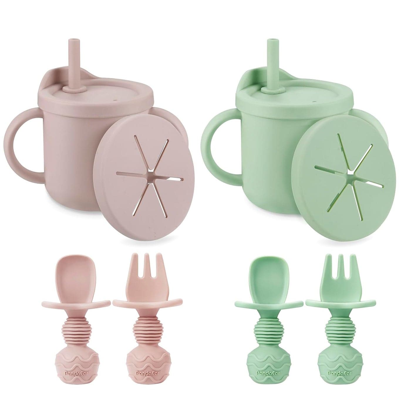 PandaEar 2 Pack Silicone Baby Straw Snack Cup with 2 Spoons 2 Forks DualPurpose Toddler Training Cups Pink Green