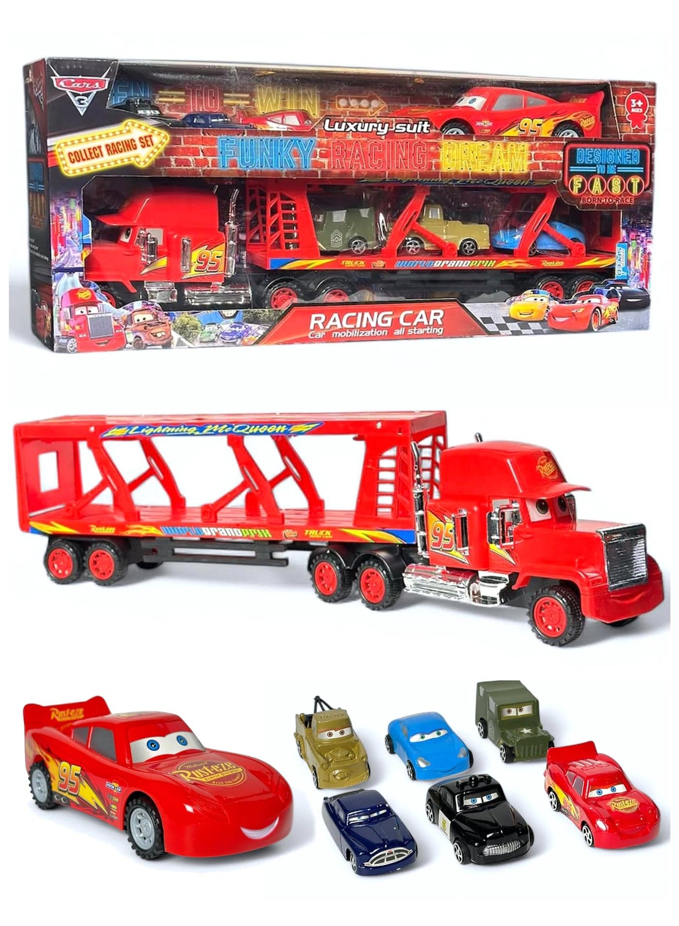 Disney Pixar McQueen Cars and Carrier Truck Playset – Durable ABS Plastic Semi Transporter Toy with 1 Large McQueen & 6 Mini Racer Car Models | Multi-Level Hauler with Ramp Up Loading Trailer | Collectible Vehicle Set Gift for Kids Birthday, Eid