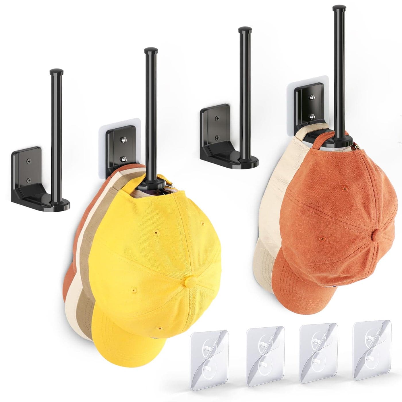 Ginyoyo 4 Pack Adhesive Hat Hooks AdhesiveDrilling Hat Rack for Wall Hat Storage for Baseball Caps Hat Hanger Holder for Wall Organization and Storage Black