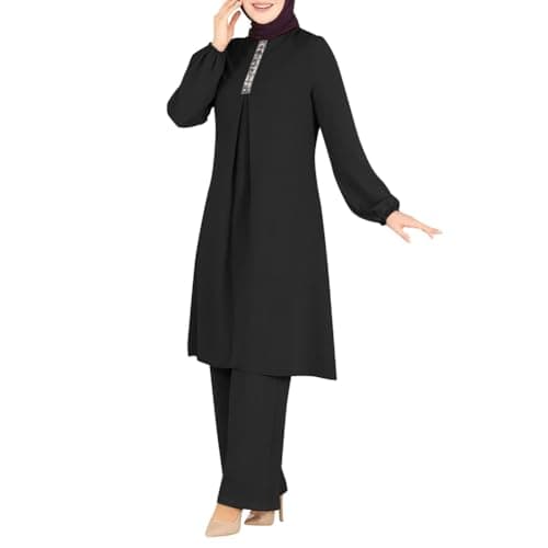 Plus Size Muslim Women's Long Top Dress Wide Leg Pants Women Modest Islamic Dubai Dress Kaftan Abayas Islamic Abaya Eid Ramadan Prayer Clothes Khimar Middle East Outfit Id al-Fitr Black b M