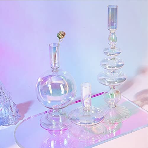 Rtteri 3 Pcs Glass Candlestick Holders Glass Candle Holders Groovy Wavy Elegant Taper Candle Stick for Wedding Home Birthday Party Easter St Patricks Day Decoration Windowsill Decor(Colorful)