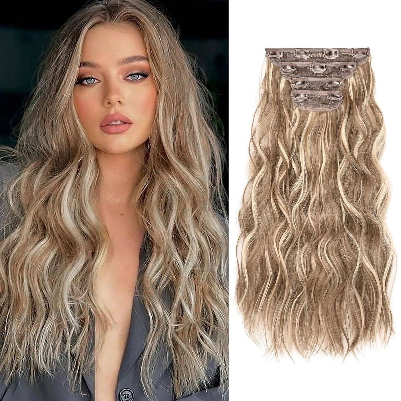 REECHO Hair Extensions 4PCS Clip in Hair Extensions HE001 Natural Soft Synthetic Hairpieces for Women 20 Inch200 Gram Pack of 4 Dark Blonde with Light Blonde Highlights