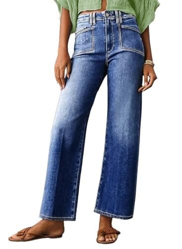 Astylish Women's Baggy Boyfriend Jeans Vintage Wide Leg High Rise Trendy 2025 Stretchy Denim Pants with Patch Pockets Dark Blue Size 12