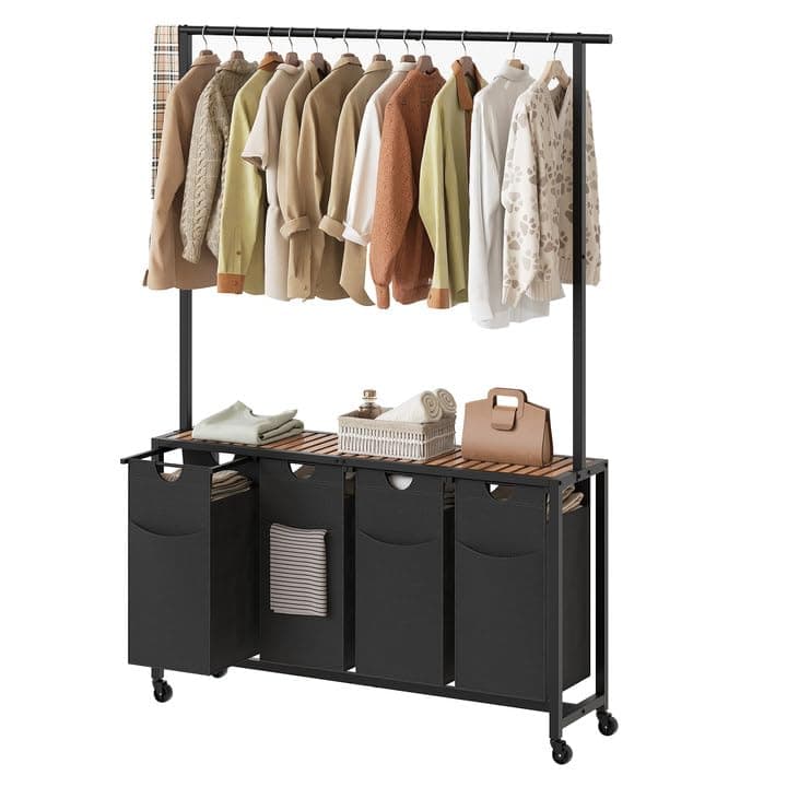 YATINEY Laundry Sorter 4 Section, Rolling Laundry Hamper with Hanging Rack, Laundry Sorter with Wheels, Hampers for Laundry, Laundry Basket Organizer for Laundry Room, Rustic Brown LS47BR
