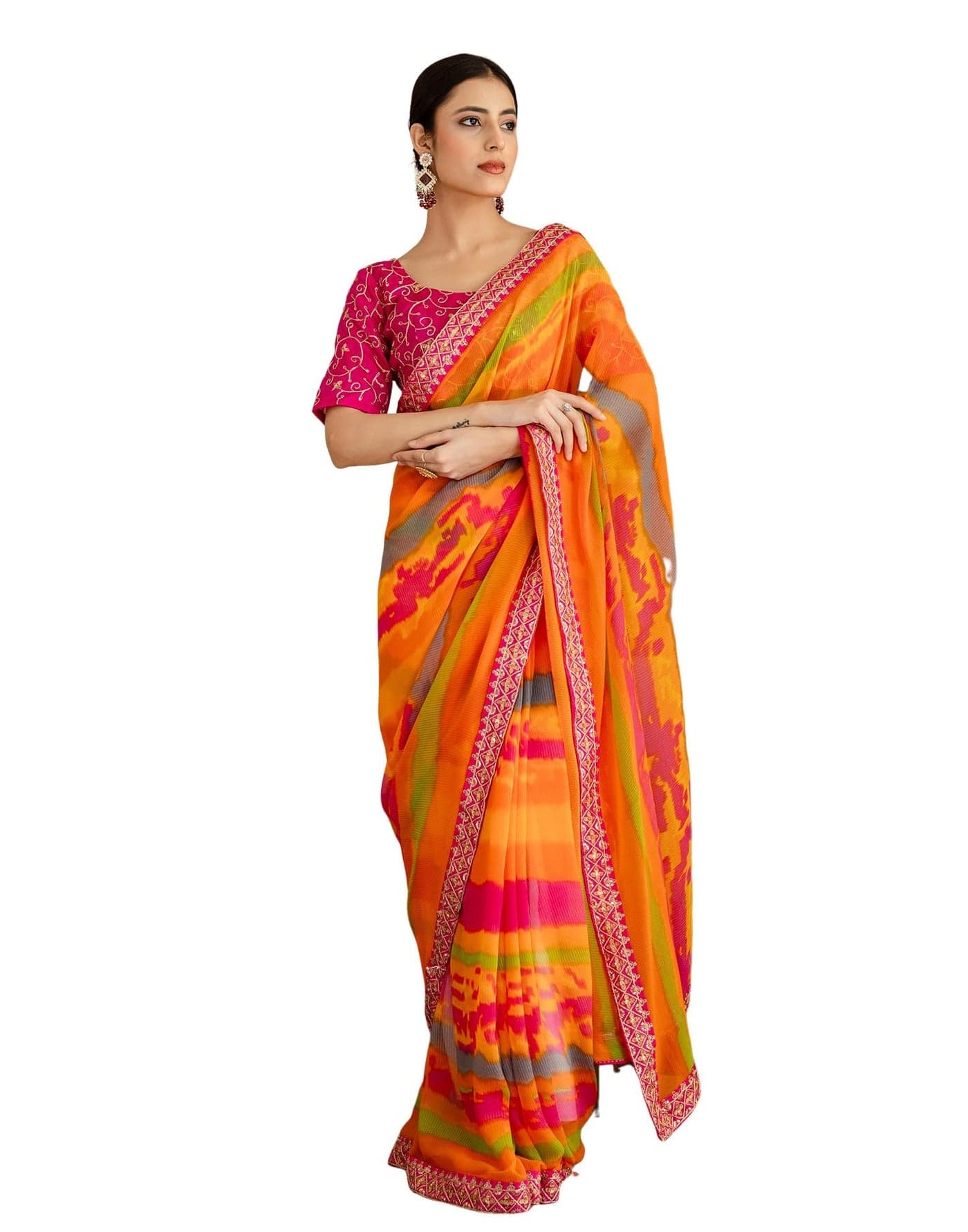 SIRIL Women's Georgette Printed and Sequence Embroidery Saree with Unstitched blouse (4577S3301_Orange)