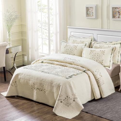 ROOMLIFE Quilt Set King Size 3D Floral Embroidery Pattern 3-Piece Cotton Reversible Quilted Embroidered Decorative Bedspreads Coverlet Bedding Set, Lightweight &Soft, All Season(106" X 98") Green
