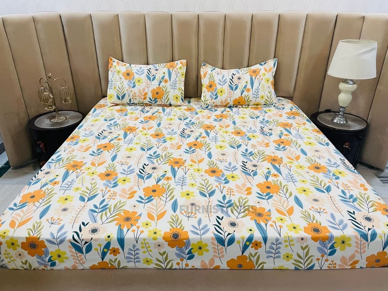 Furnistitchs King Size Bed Cover Elastic Fitted Bedsheet with 2 Pillow Covers 72x78x10 inches, (Floral Print)