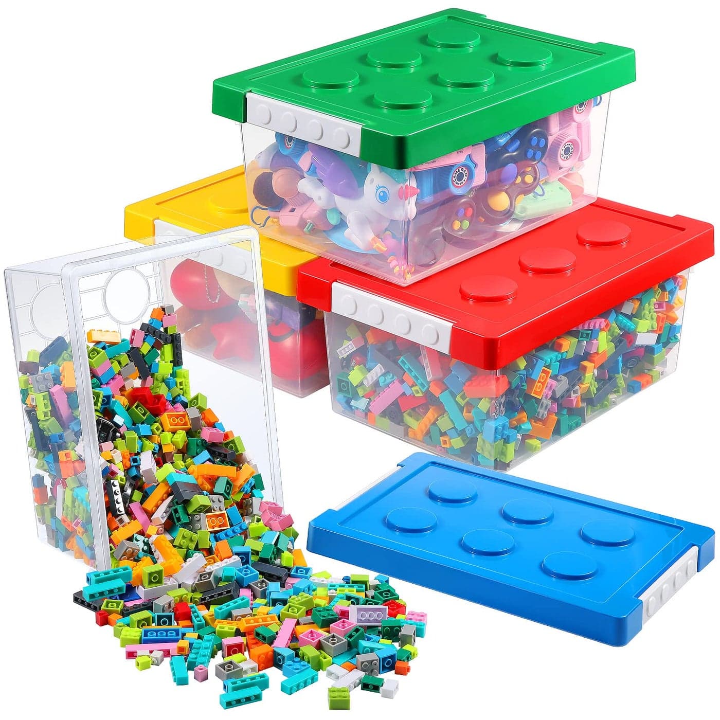 Vicenpal 4 Pack Toy Storage Containers with Lids Brick Shaped Kids Toy Organizer Box Plastic Clear Stackable Bin Chest for Building Block DollsSmallRed Yellow Blue Green