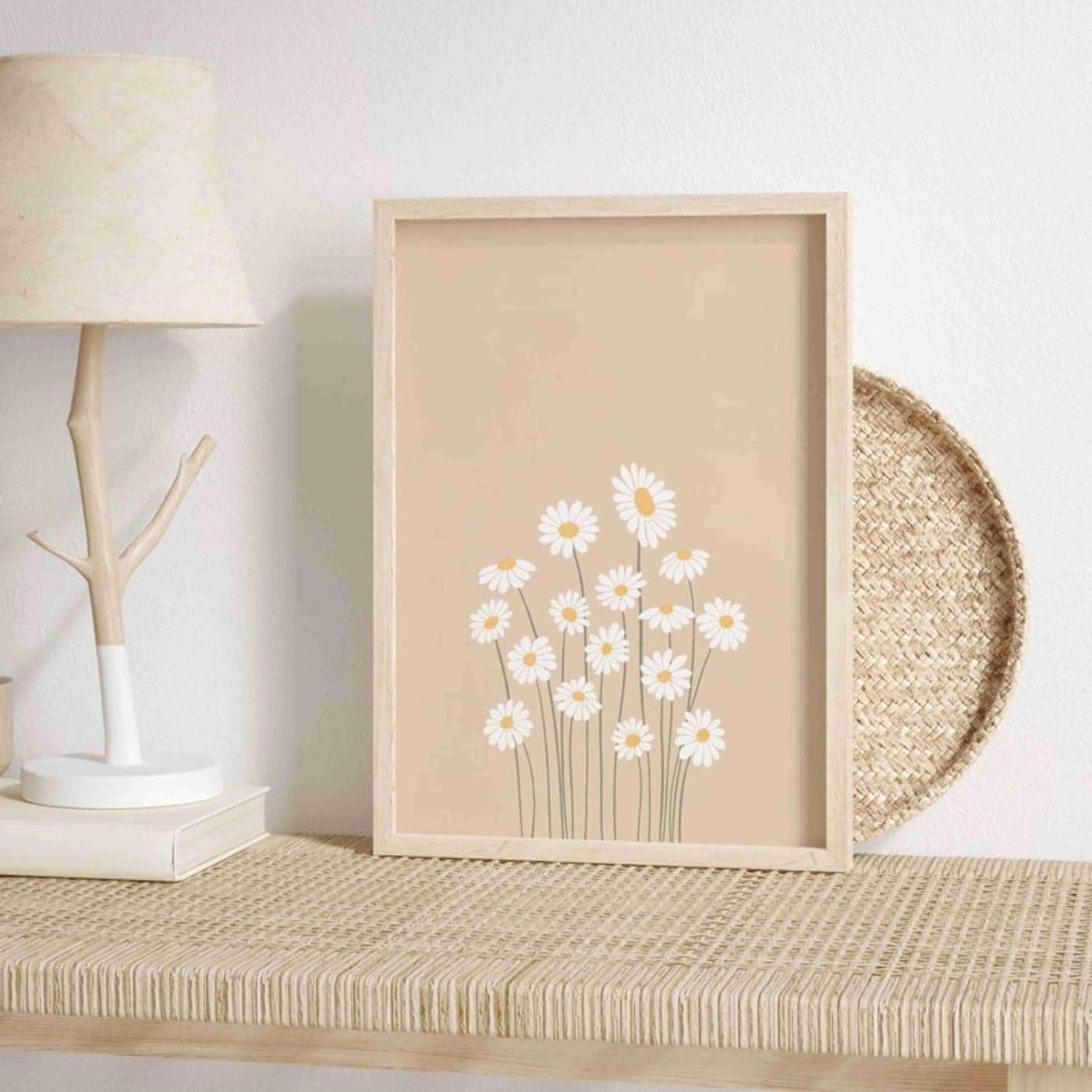 Livinluxe White flower modern art Boho painting Premium Framed Laminated Wall paintings for living room bedroom home decoration wall decoration 18 inch x 24 inch ETNF0111