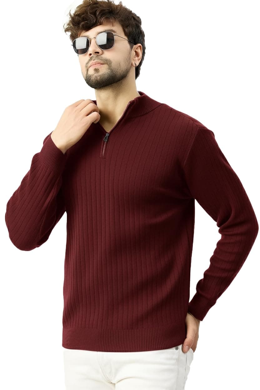 Pivl Men's Winter Half Zip Solid Warm Sweater_Wine-L