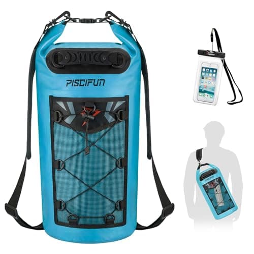 Piscifun Waterproof Backpack 10L 20L 30L 40L Floating Backpack with Waterproof Phone Case for Water Sports Fishing Boating Kayaking Surfing Rafting Gift for Men Women, Light Blue, 20l, 20l