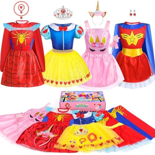 Jeowoqao Toddler Girls Dress up Costumes, Princess Dress Up Clothes for Little Girls, Kids Dress Up Pretend Play Set with Supergirl Princess Costumes Toy Gift for Girls Ages 3 4 5 6 Years