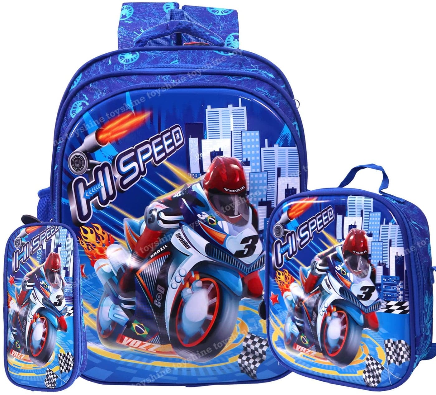 Toyshine Kids Backpack 20 inches with Pencil Case and Lunch Box Bag School Backpack for Boys Girls Lightweight Toddler Schoolbag Preschool Elementary Leisure Bag- 3 Pc Set Speed Bike Multicolor