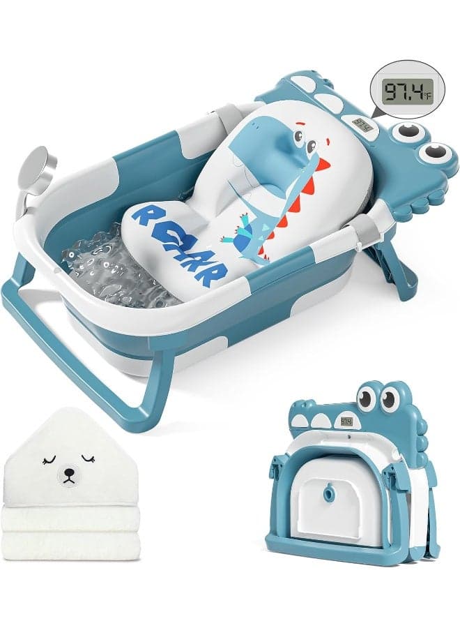 MoreFeel Collapsible Baby Bathtub for Newborn with Thermometer & 1 Soft Floating Cushion, Blue