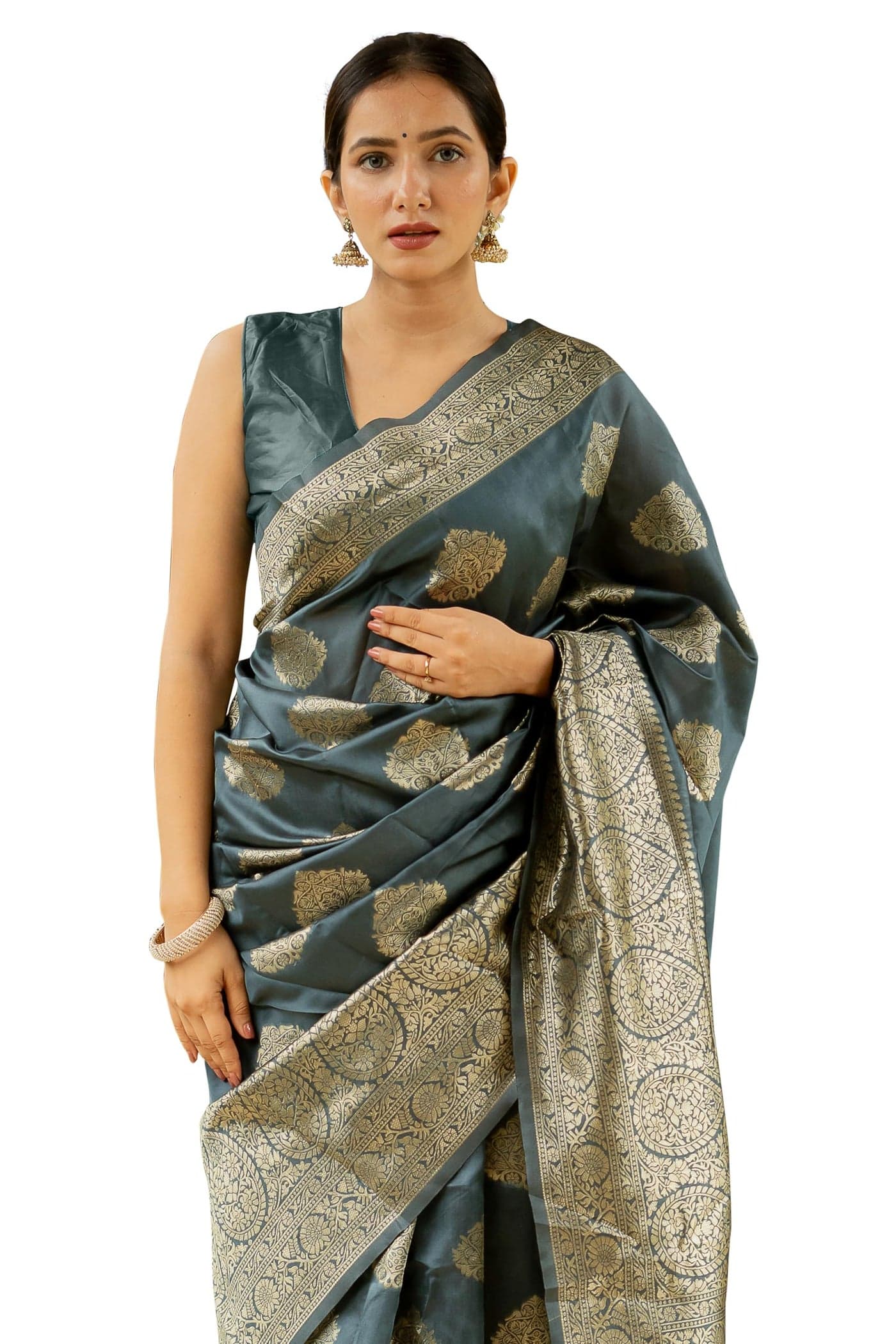Subham Women's Silk Cotton Kanjivaram Soft Saree with Blouse Piece | Jacquard Design Banarasi Sarees (45851 - Dark Grey, Golden)