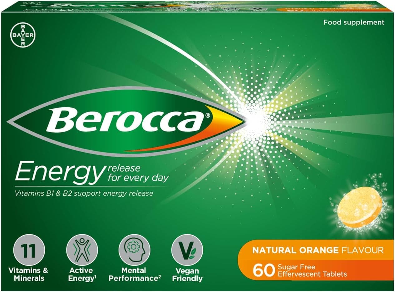 Berocca Energy Effervescent Tablets including B vitamins Magnesium Zinc Vitamin C Support energy release immune system 60 Tablets Orange Flavour