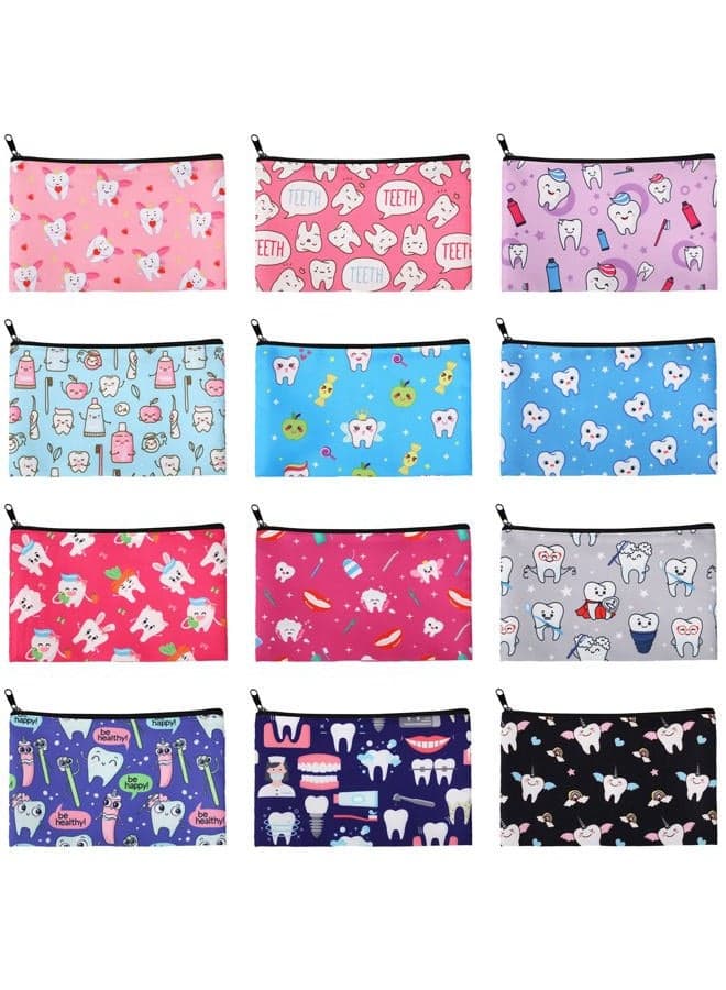 12 Pieces Teeth Makeup Bag Cute Cosmetic Bag for Nurse Women Girls Dental Dentist Gift Colorful Toiletry Bag Multifunctional Polyester Bag with Zipper Teeth Printed Accessories, 7.09 x 4.33 Inch