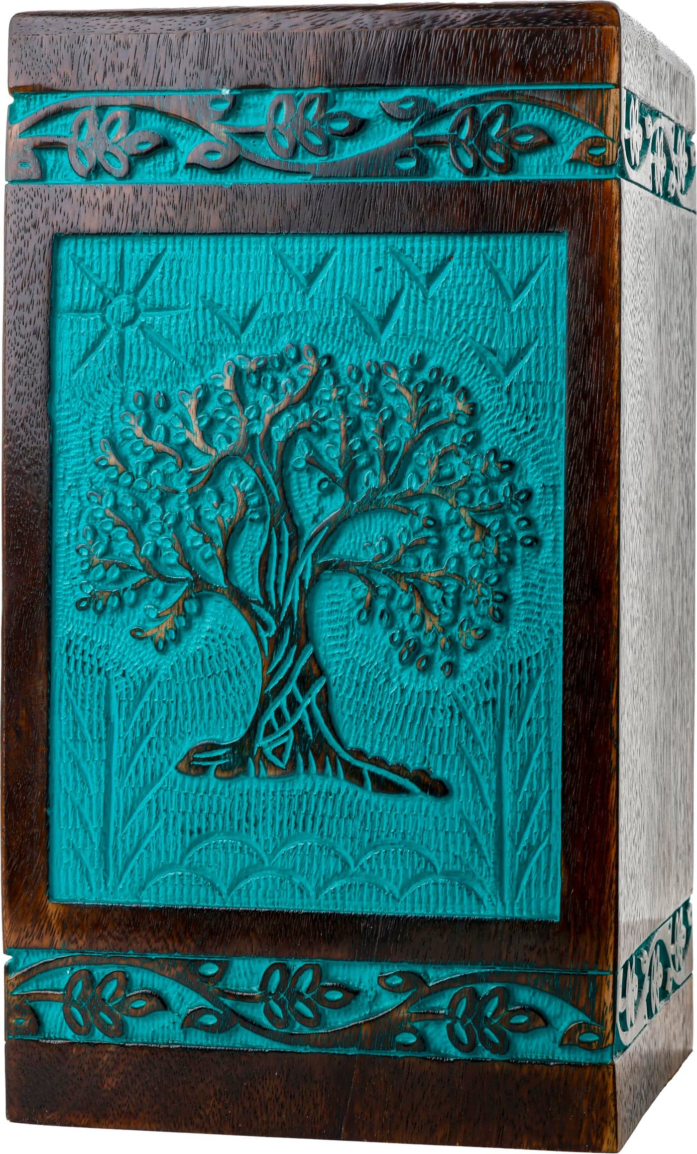 INTAJ Cremation Urn for Human Ashes Wooden Urn Box for Ashes Handcrafted Tree of Life Memorial Urn Funeral Cremation Urns Teal Green XLarge 250lbs or 115kg