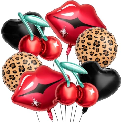Realspring 8 Pcs Black and Red Foil Balloons Kit Cherry Print Red Lips Cheetah Pattern and Black Heart Balloons for Bachelorette Party Decor Kiss the Miss Goodbye Womens Birthday Baby Shower