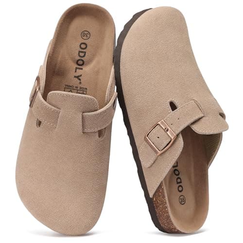 ODOLY Genuine Suede Clogs for Women Men Soft Cork Footbed Leather Mules Comfort Potato Shoes with Arch Support, Taupe 36