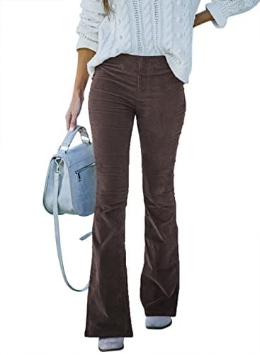 (sidefeel women corduroy flare pants elastic waist bell bottom trousers small deep brown), Retro