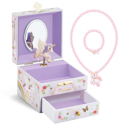 RR ROUND RICH DESIGN Kids Musical Jewelry Box for Girls with Drawer and Jewelry Set with Brave Unicorn Beautiful Dream Tune Purple