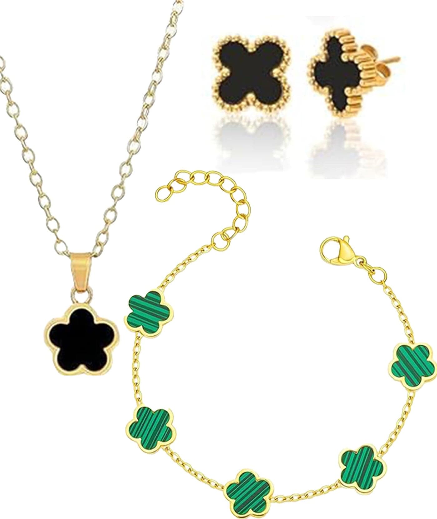 KalamkariX 3PCS Clover Bracelet Combo,Clover Necklace, Set for Women, Jewellery Set (Necklace+Bracelet+Earrings), Fashionable Gift for Girls