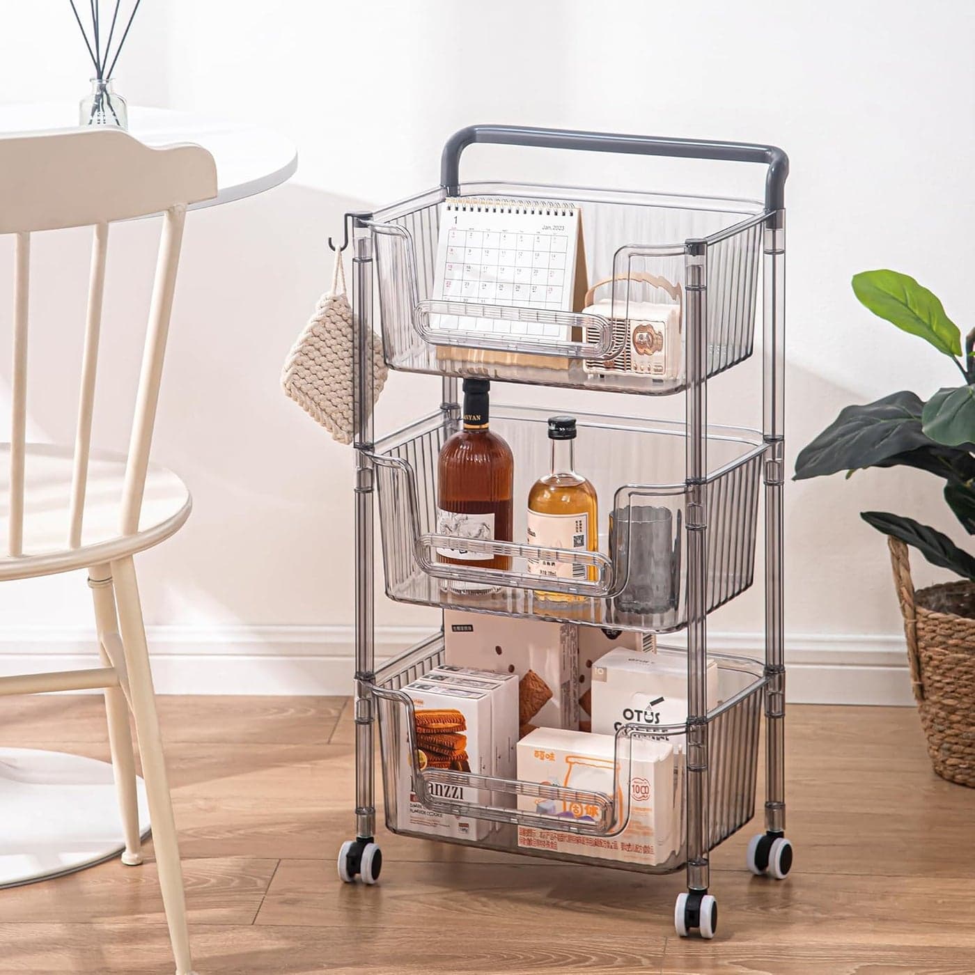 Kuber Industries Multipurpose Trolley Storage Organiser 3 Layer Shelf Trolley with Wheels for Kitchen Accessories Large Capacity Easy installation Space Saving 2123 Transparent