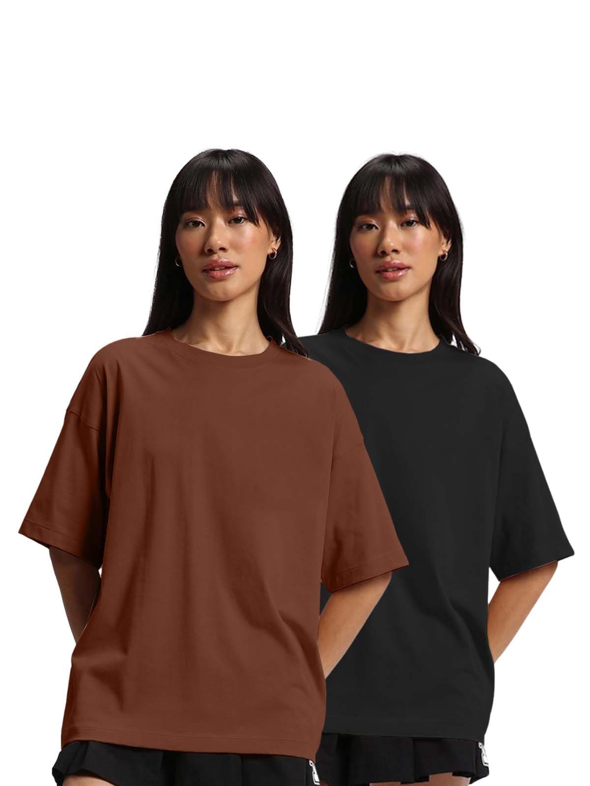 JUNEBERRY® Pure Cotton Drop Shoulder Oversized Baggy Fit Half Sleeve Plain Solid Round Neck Multicolor T-Shirt for Women & Girls (Pack of 2) (PO2_OS_JB_BR_BK_XXL)