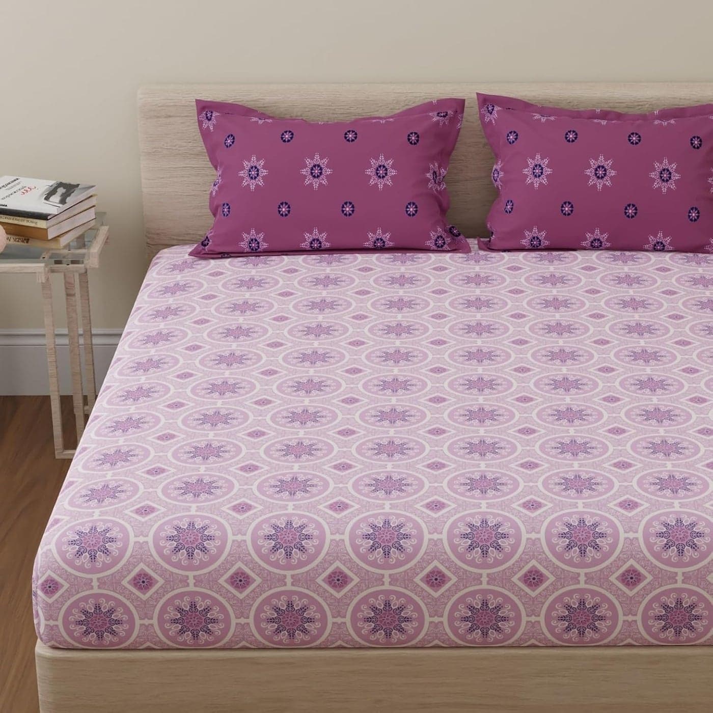 HUESLAND by Ahmedabad Cotton 144 TC Bed Sheet King Size Cotton with 2 Pillow Covers Mandala 108x108 inches Pink Magenta