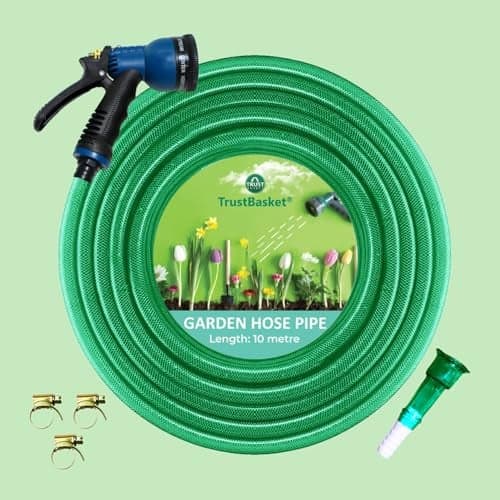 TrustBasket Heavy Duty Highly Durable PVC Plain Green Braided Water Hose Pipe (20 Meter) with 7 Pattern Sprayer Gun & 3 Clamps (1/2 inch Pipe) - Easy to Connect for Home Gardening, Lawn, Car Wash