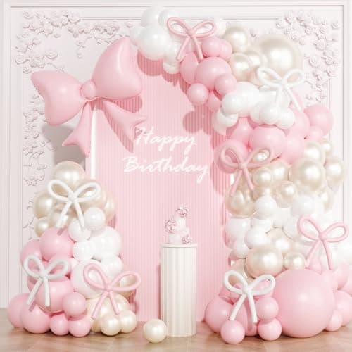 Coquette Birthday Decorations 149 Pcs Pink and Pearl White Balloon Garland Arch Kit and Pink Bow for Girls Baby Shower Bridal Bachelorette Party Baby Shower