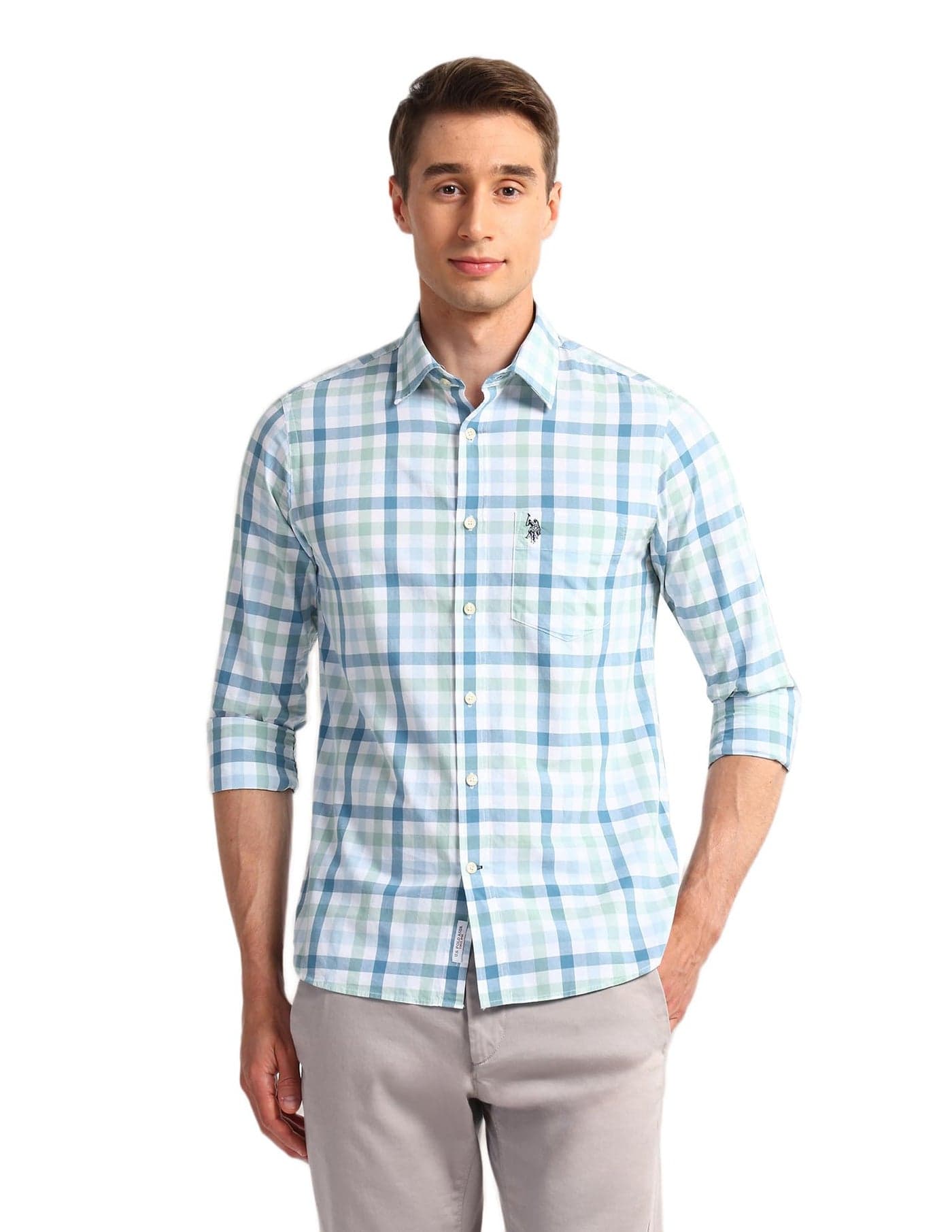 U.S. Polo ASSN. Mens Yarn Dyed Checks Full Sleeve Shirts (USSHTO2780_Green_M)