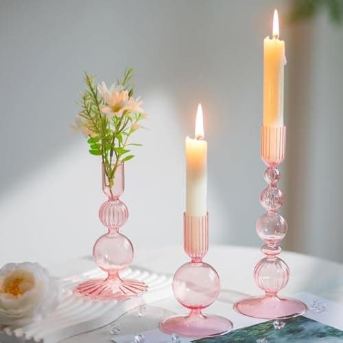 Hewory Glass Candlestick Holders Set 3PCS Pink Candle Holder Taper Candle Holders Bulk Crystal Ribbed Candle Sticks Holder Decor for Table Centerpiece Wedding Christmas Thanksgiving Dinner