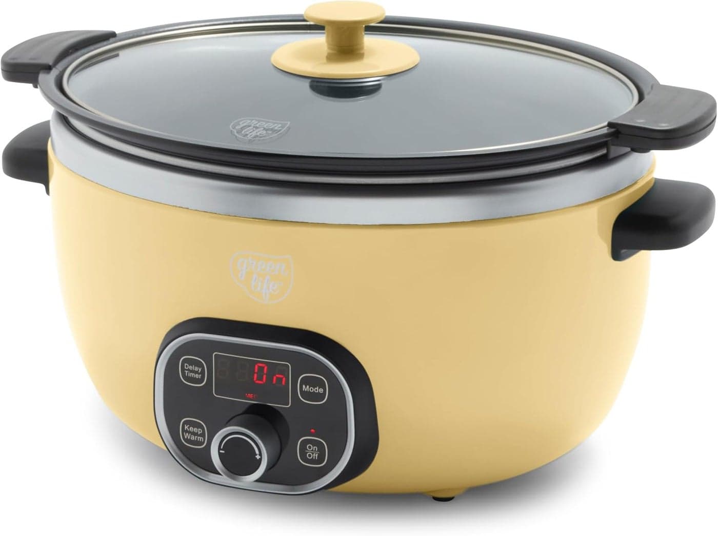 GreenLife 6 Quart Ceramic Slow Cooker PFASFree Programmable Removable Healthy Nonstick Pot for Family Meals Sear on Stovetop Keep Warm Digital Timer Dishwasher Safe Glass Lid Crock Yellow