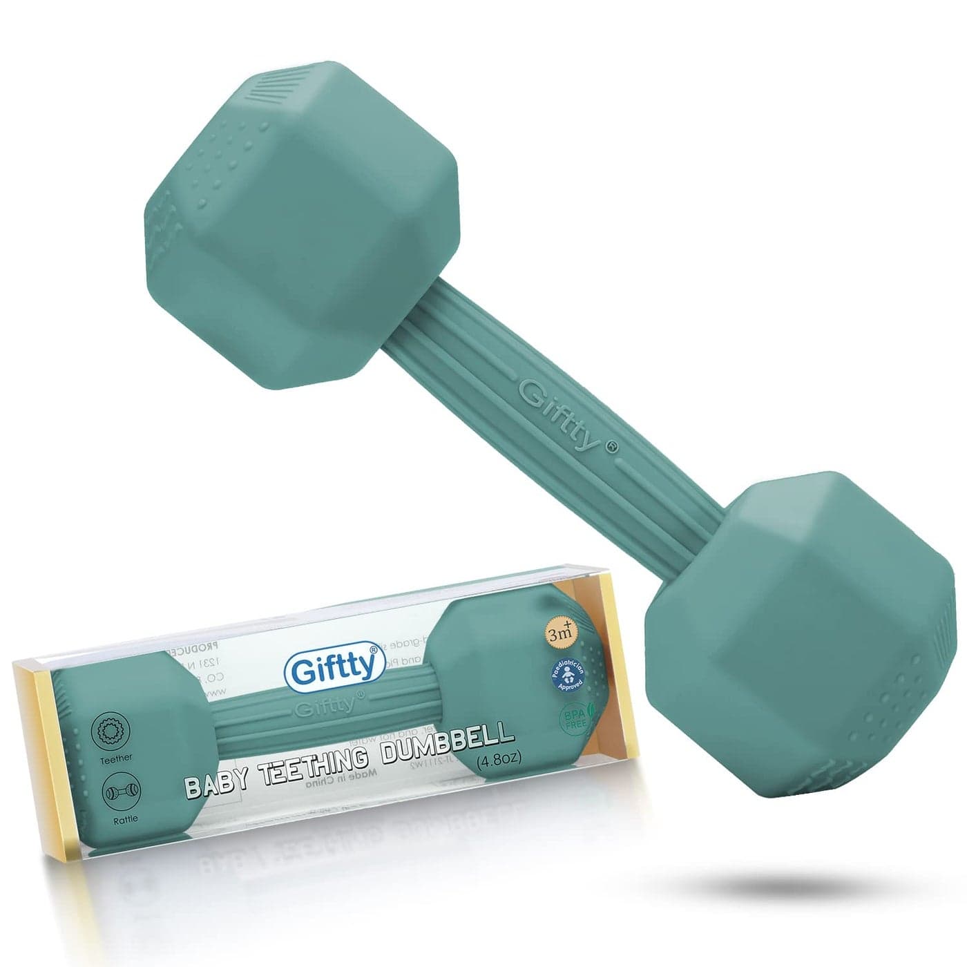 Baby Dumbbell Teether Silicone Infant Teething Rattle Toddler Sensory Workout Toy Durable Safe Exercises Weight Great Gift for Baby Boys Girls 1pcs Cadet Blue