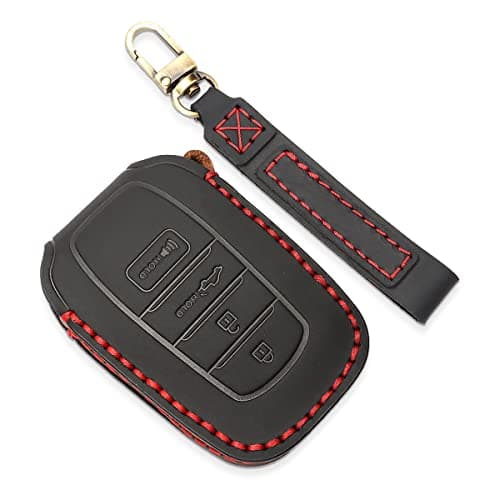 INTGET for 2022-2025 2026 Toyota Tundra Key Fob Cover, for 2023-2025 2026 Sequoia Key Fob Case, for Camry 2025 2026 Leather Key Cover, for 2024-2026 Grand Highlande & Tacoma (Black Leather Red Thread)