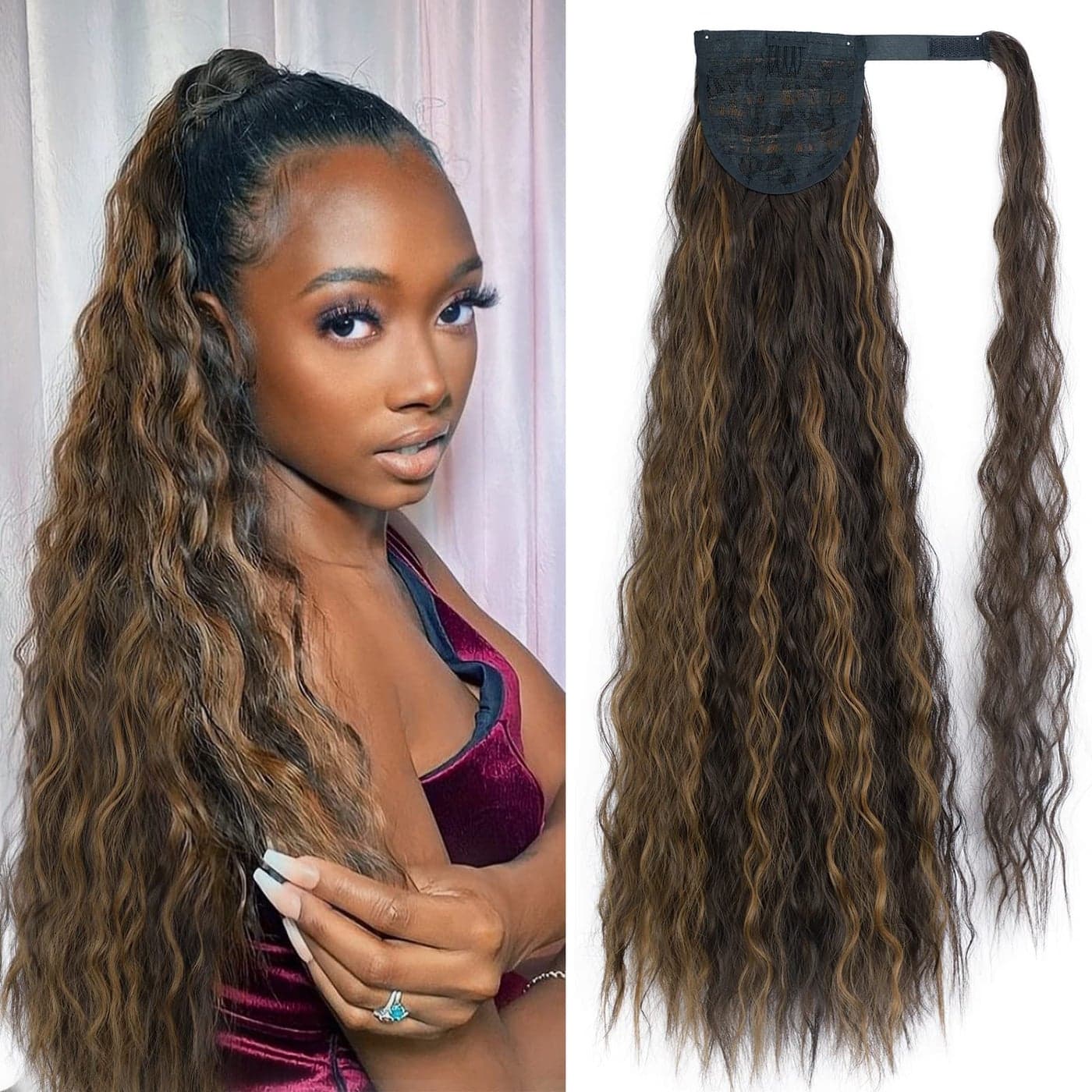 Stamped Glorious Long Corn Wave Ponytail Extension Magic Paste Heat Resistant Wavy Synthetic Wrap Around Ponytail Black Hairpiece for Women 26 Inch 26 InchHighlight