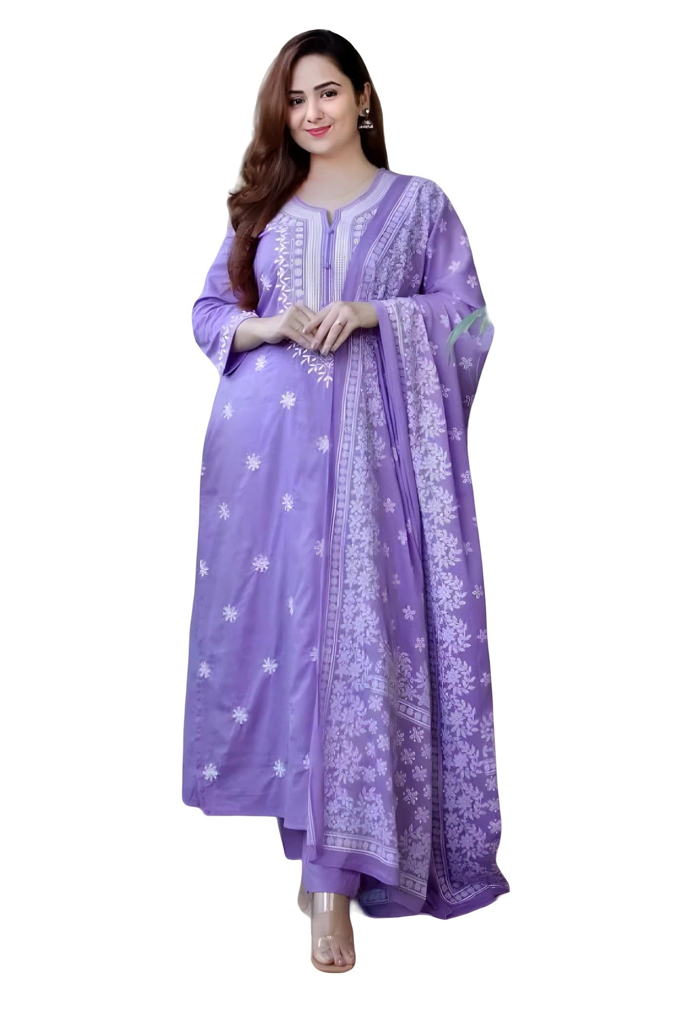 BHARVITA Women's Cotton Embroidered Chikankari Work Straight Kurta Dupatta Pant Set (in, Alpha, M, Violet)