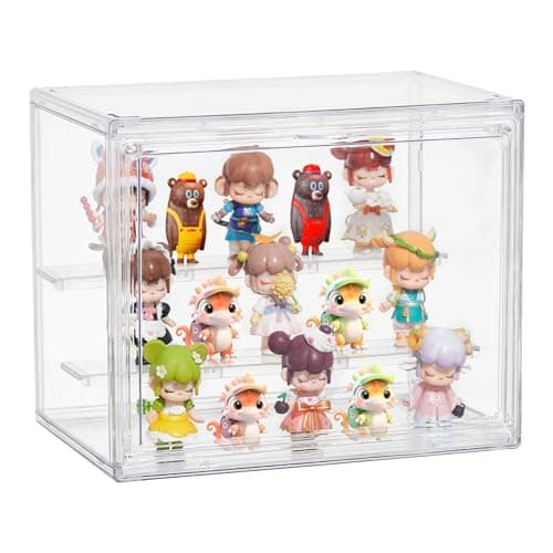 Acrylic Display Case3 Layer Clear Display Case Adjustable Display Box Stand with 2 Movable Dividers Small Showcase Magnetic Door for Collections Mini Figures