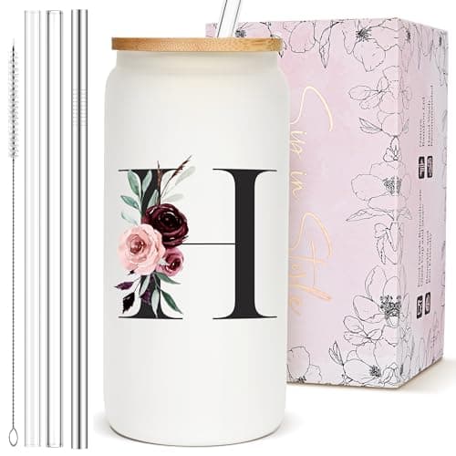 Customized Personalized Gifts for Women, Customizable Initial Glass Cups with Lids and Straws, Cute Iced Coffee Cup Drinking Glasses Letter Tumbler Mug, Birthday Boss Lady Gifts for Women Coworker, H