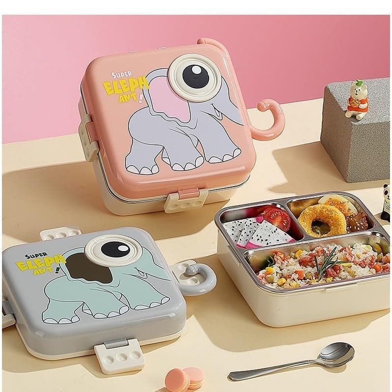 Ji and Ja Multi Compartment Eye Design Stainless Steel Lunch Box With Spoon Cup For Students School Kids And Adults (Multi Color) (Elephant), 1600Ml