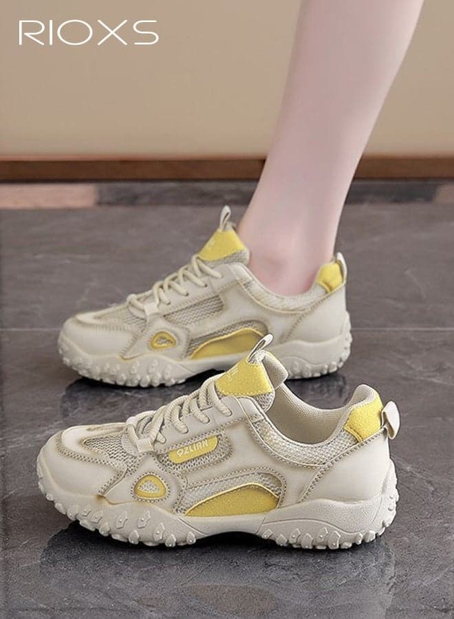 Women's Thick-Soled Sneakers, Low-Top Lace-Up Casual Walking Shoes, Non-Slip Lightweight Breathable Mesh Outdoor Sneakers, Color-Blocked Fashionable Flat Shoes for Travel, Hiking, Fitness, Jogging, Commuting, Driving, Shopping, and Everyday Use, Beige and Yellow