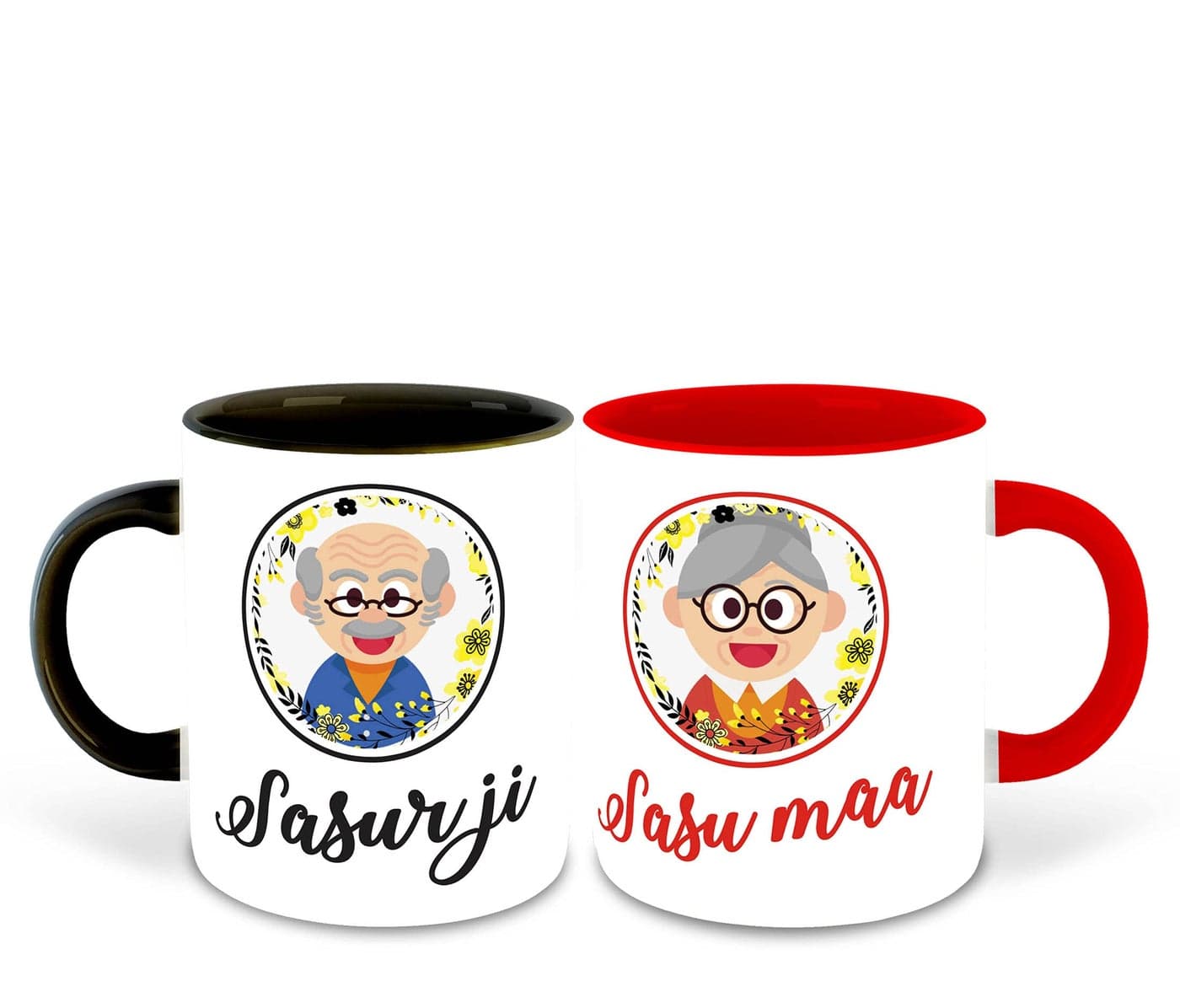 WHATS YOUR KICK® Sasur Ji and Sasu Maa Inspired Black & Red Inner Colour Set of 2 Coffee Mug- Mom Dad, Mothers Day, Fathers Day, Couple, Happy Birthday, Relation, Unique Gifts (Sasur Ji & Sasu Maa)