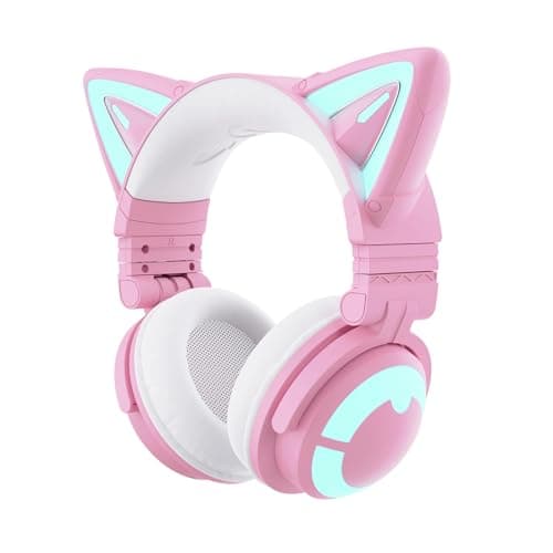 YOWU Cat Ear Headphones CE, Wired/Wireless Pink Gaming Headsets with Seamless Live Sound Experience for PC/PE/Switch/PS4/PS5, Built-in Mic & Customizable RGB Light Effect for Anime Lovers