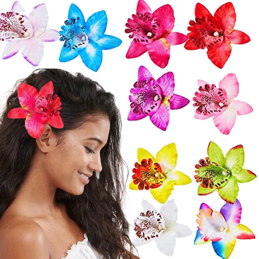 Bartosi Hawaiian Flower Hair Clips Orchid Flower Hair Barrettes Beach Floral Hair Pieces Hair Accessories for Women and Girls Pack of 9