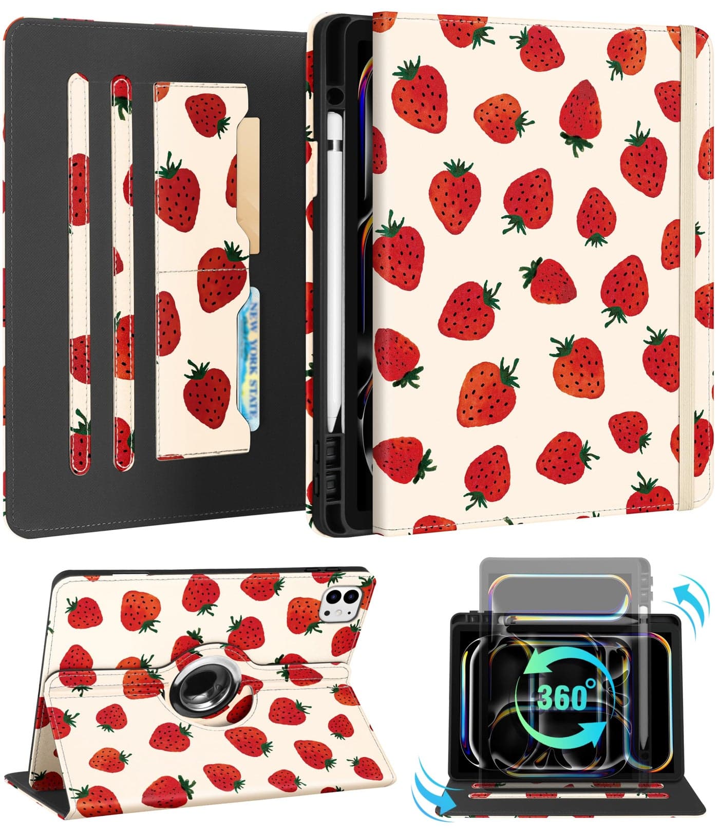 Kidcube for iPad Pro 13 Inch Case M4 2024 Women Girls Kids Cute Rotating Stand Folio Cover with Pencil Holder Card Slot Pretty Strawberry Design for iPad Pro 13 Inch Case 2024 A2925 A2926 A3007