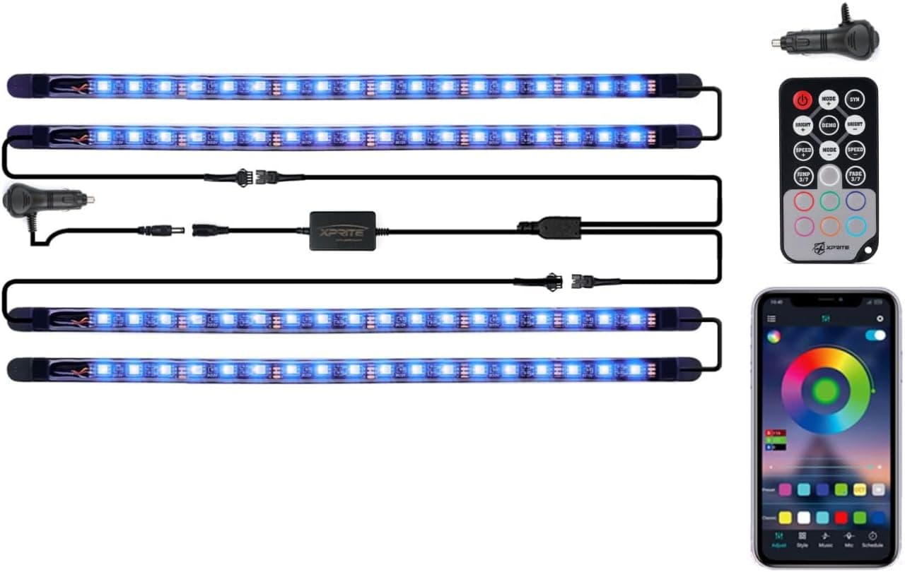 Xprite RGB LED Car Interior Bluetooth Light Strips with Remote & Control Box - 4 PCS